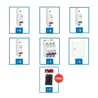 Schneider Electric Acti9 Disbo 18-way Panel Bundle + 18 1P MCB iK60, 6 KVA + 3P 63A MCB