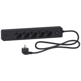 ST945U1B, Trailing lead, Unica extend, 5 Schuko, swicthable, USB type A+A, 1.5m cable, anthracite